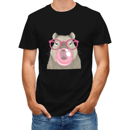 Inkmay Casual Cotton T-shirt Cartoon Bear With Pink Glasses Bubble Unisex T-shirt