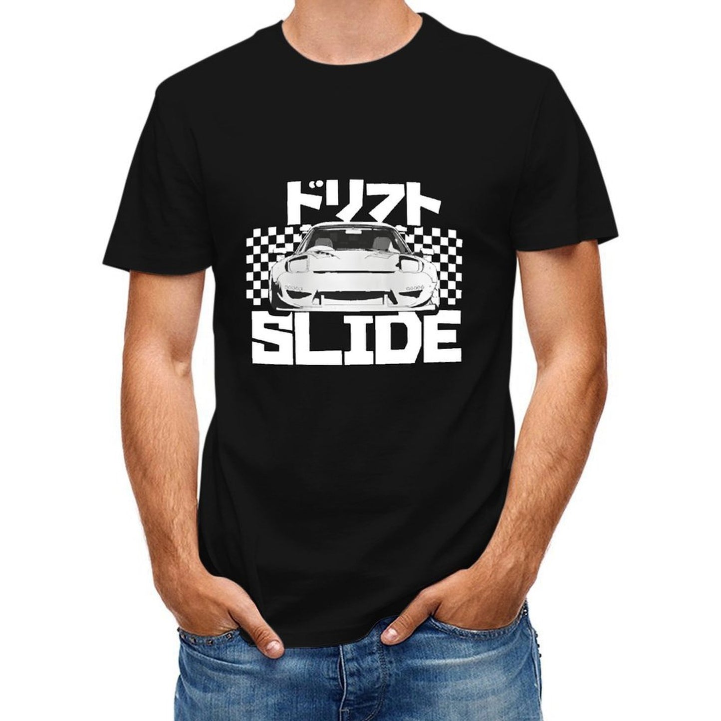 Inkmay Casual  Cotton T-shirt Drift Slide Car On Checkerboard Background Unisex T-shirtDaily ComfortLine T-Shirt