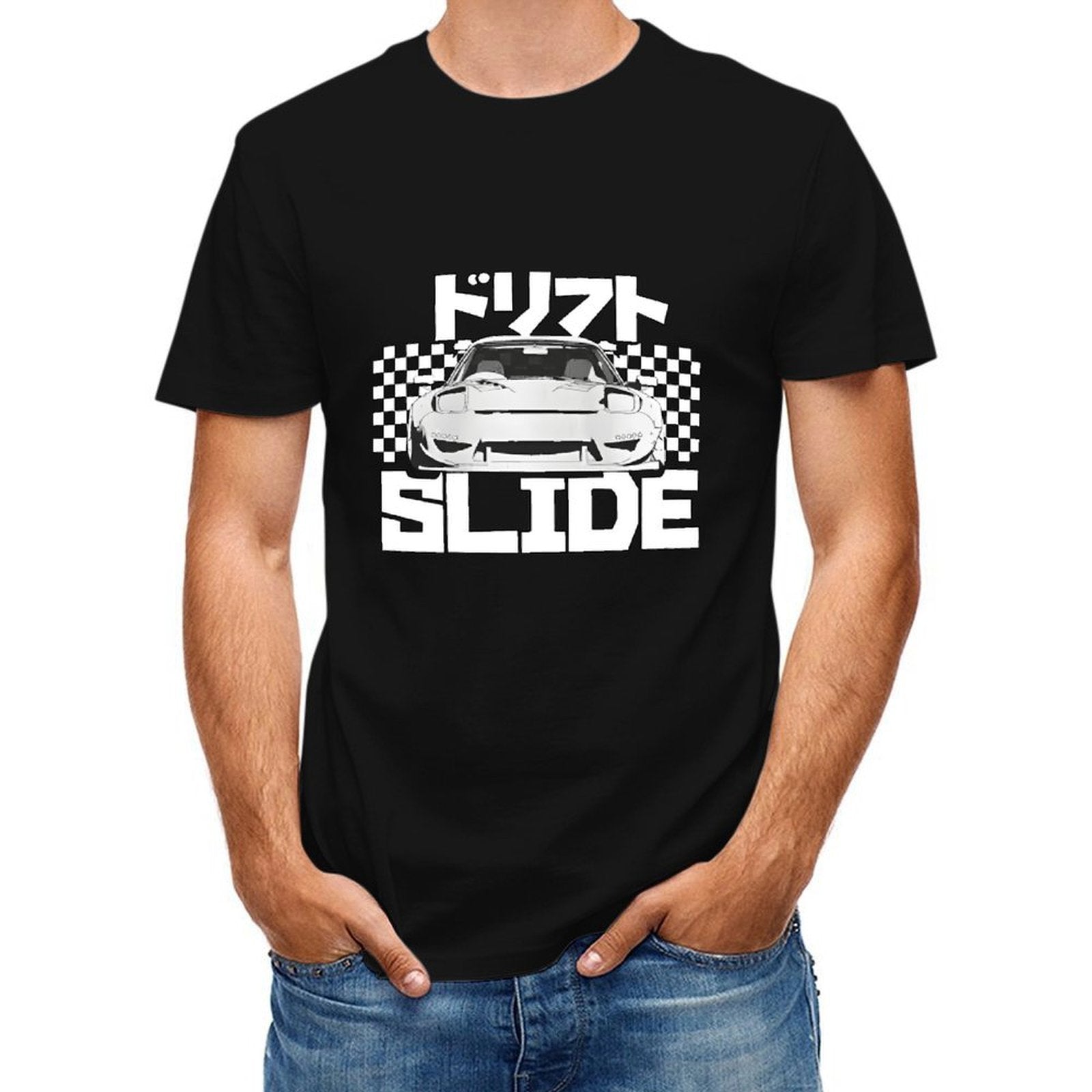 Inkmay Casual  Cotton T-shirt Drift Slide Car On Checkerboard Background Unisex T-shirtDaily ComfortLine T-Shirt