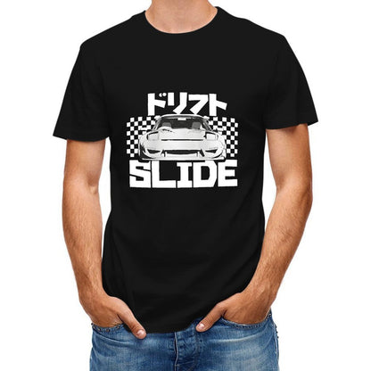 Inkmay Casual  Cotton T-shirt Drift Slide Car On Checkerboard Background Unisex T-shirtDaily ComfortLine T-Shirt