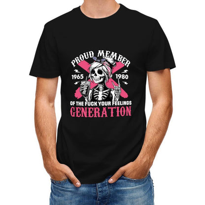 Inkmay Casual Cotton T-shirt Proud Member Skeleton Girl Pink Background Unisex T-shirtStrong V-Neck T-Shirt