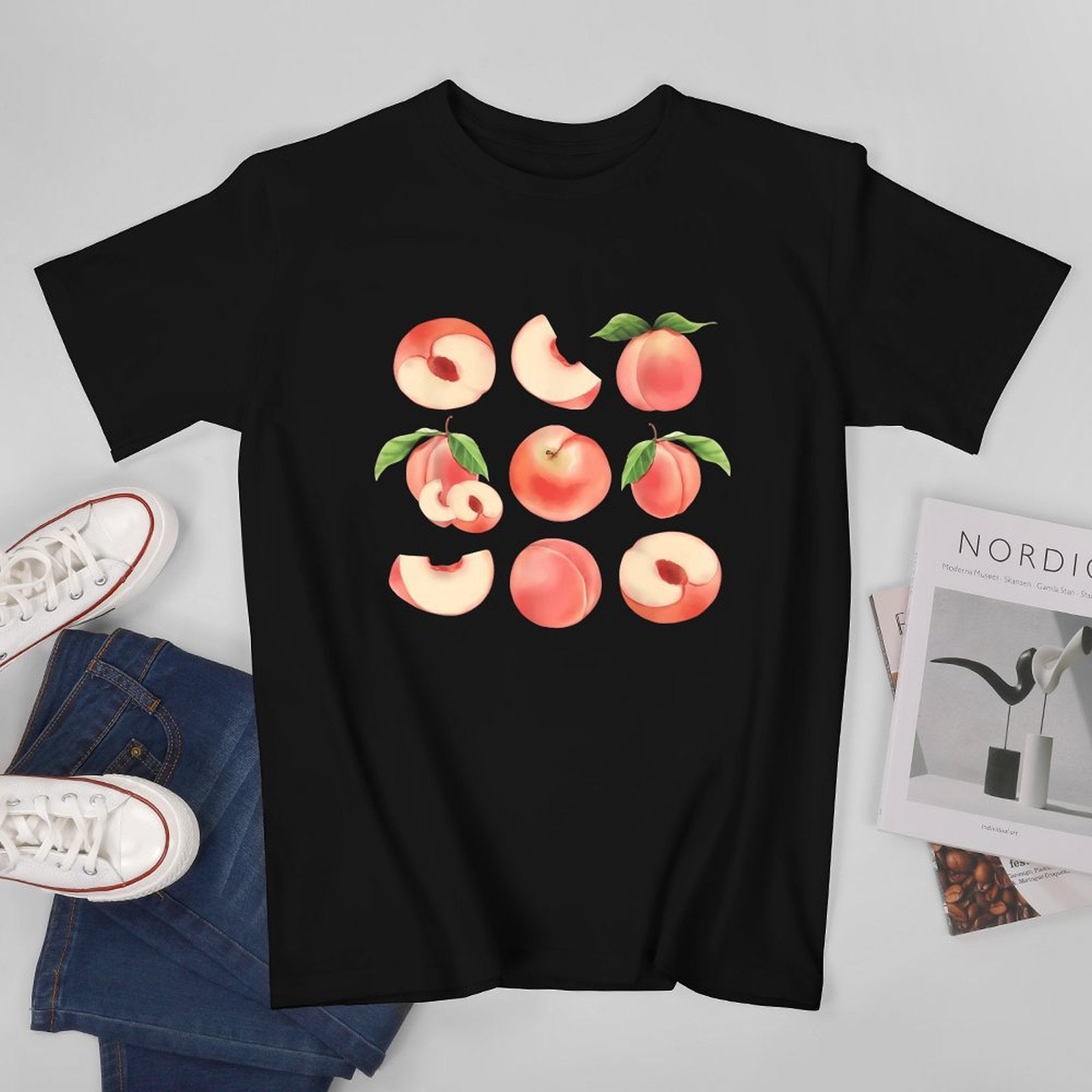 Inkmay Casual  Cotton T-shirt Peaches Slices And Leaves Pattern Design Unisex T-shirtMidweight ClassicStyle T-Shirt
