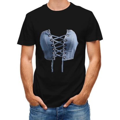 Inkmay Casual Cotton T-shirt Blue Satin Corset With Laceups Unisex T-shirtSimple Heavyweight T-Shirt