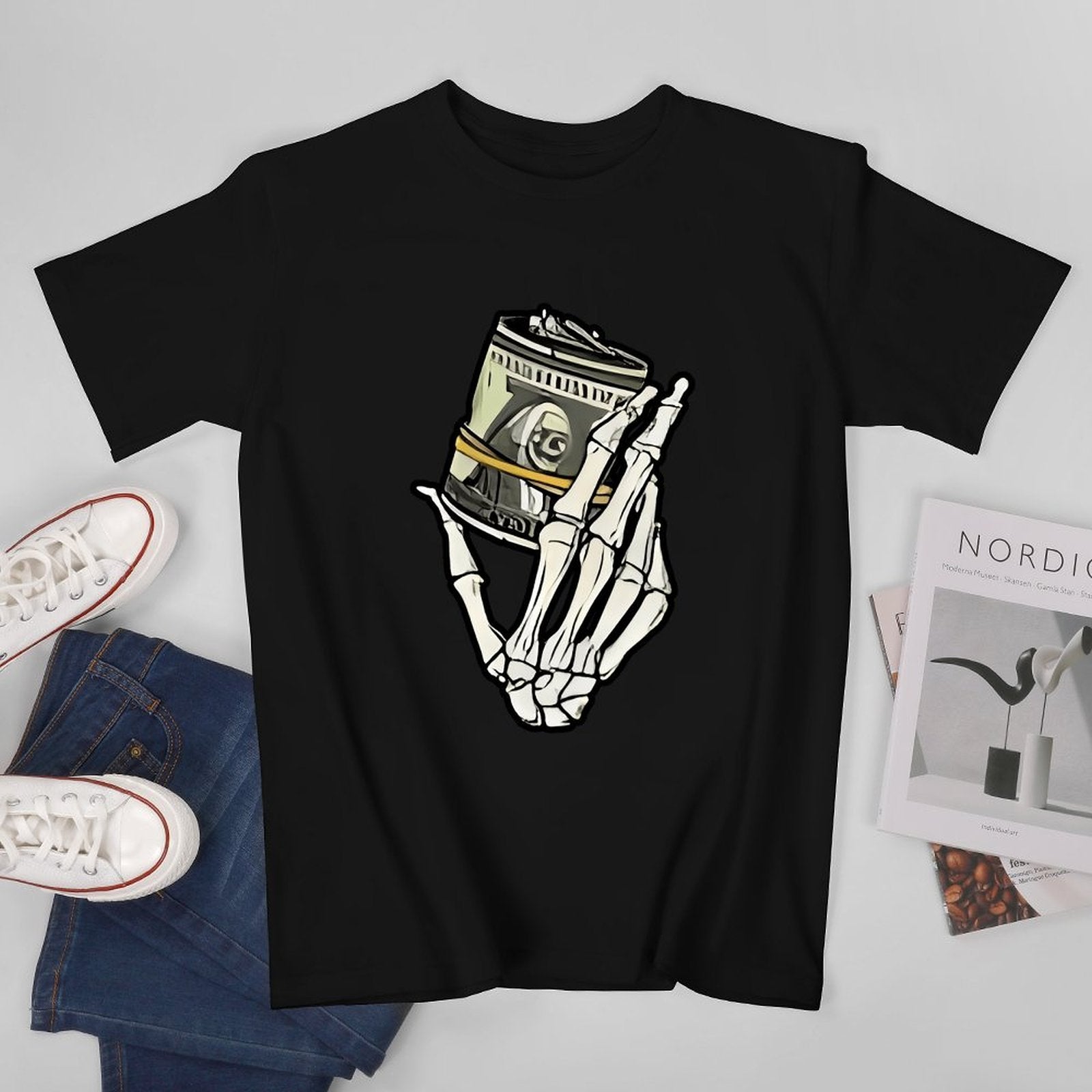Inkmay Casual  Cotton T-shirt Skeleton Hand Holding Film Roll Art Unisex T-shirtChill Colorfast T-Shirt