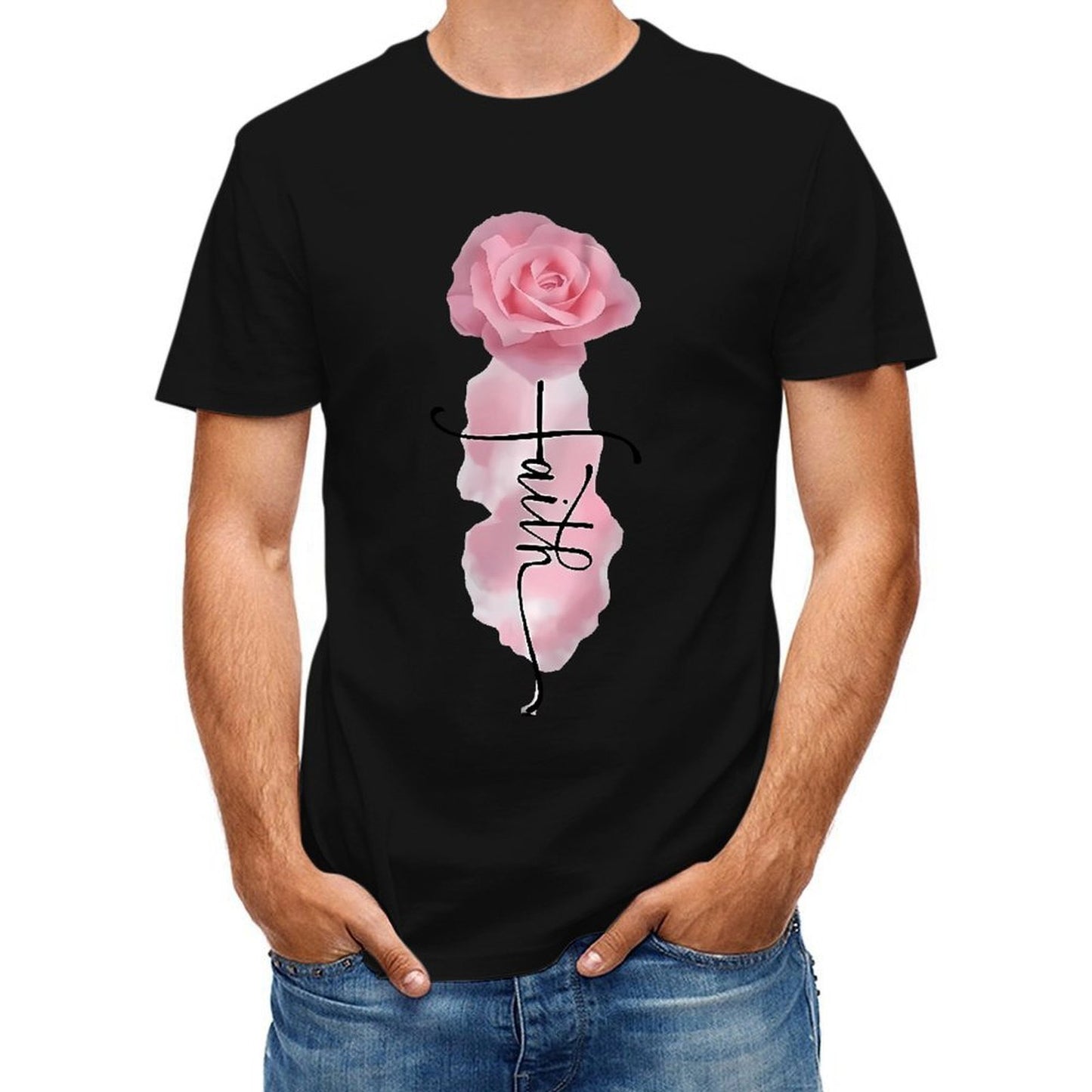 Inkmay Casual Cotton T-shirt Faith Rose Pattern Print Art Design Unisex T-shirtBasic Neat T-Shirt