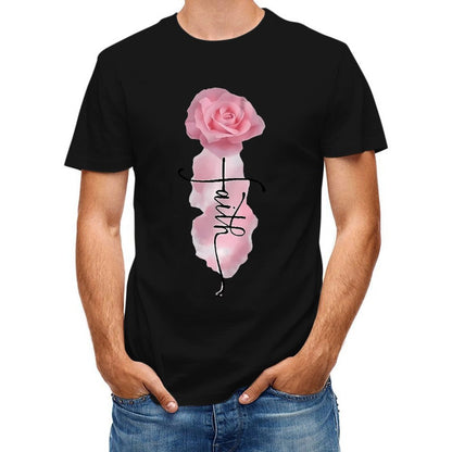 Inkmay Casual Cotton T-shirt Faith Rose Pattern Print Art Design Unisex T-shirtBasic Neat T-Shirt