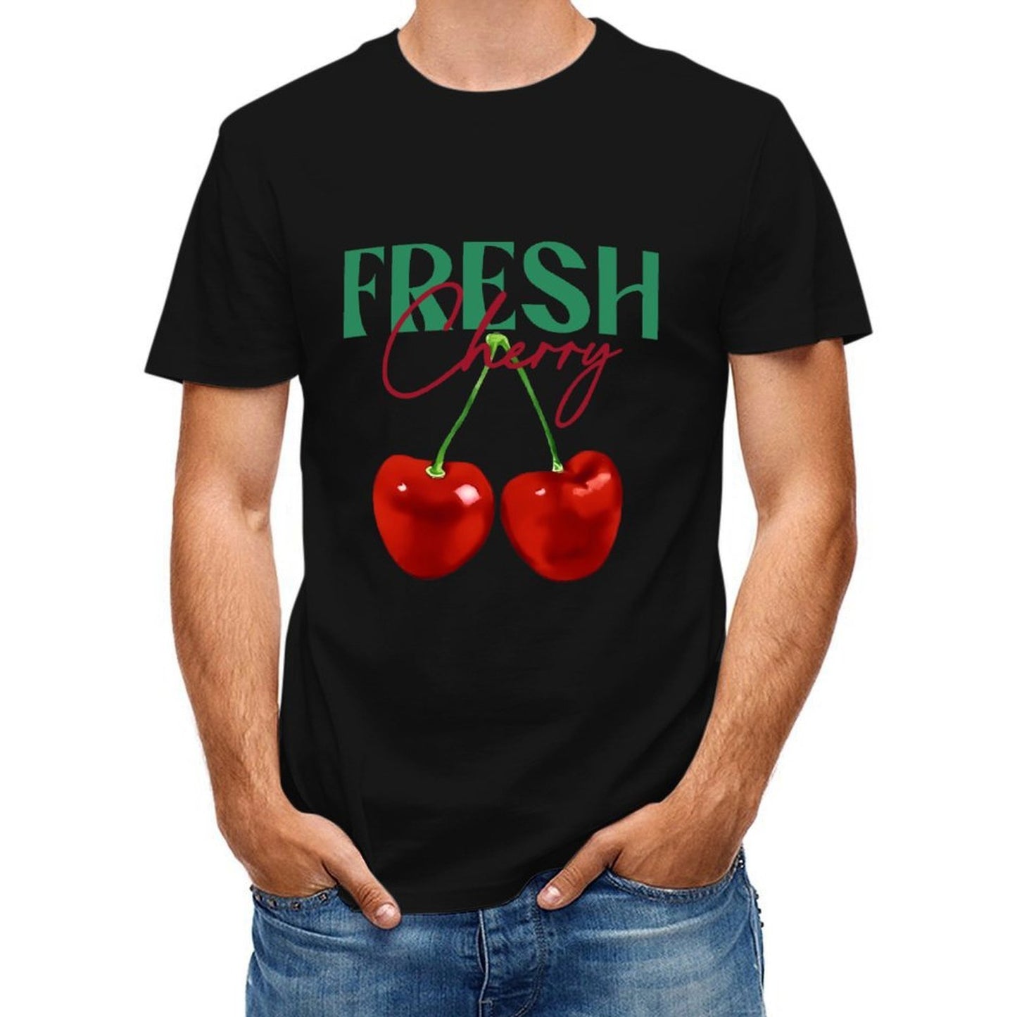 Inkmay Casual Cotton T-shirt Cherry Pattern Prints Fresh And Vibrant Unisex T-shirtBasic Plain T-Shirt