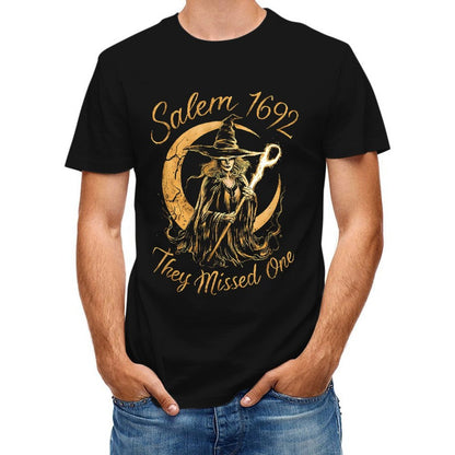 Inkmay Casual Cotton T-shirt Witch Holding Staff Against Crescent Moon Unisex T-shirtEasy-Care Recycled T-Shirt