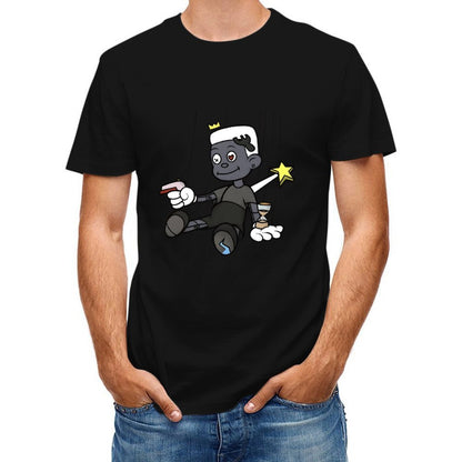 Inkmay Casual Cotton T-shirt Cartoon Puppet Holding Gun And Star Unisex T-shirt