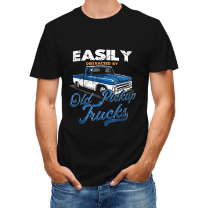 Inkmay Casual Cotton T-shirt Old Pickup Trucks Blue And White Unisex T-shirtClassicFit Smooth Feel T-Shirt