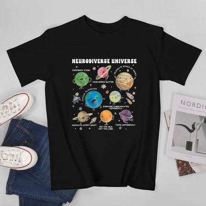 Inkmay Casual  Cotton T-shirt Neurodiverse Universe Planets With Friendly Faces Unisex T-shirtMinimal ComfortLine T-Shirt