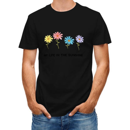 Inkmay Casual Cotton T-shirt Colorful Flowers On White Background Design Unisex T-shirtClassicSeries Tear-Resistant T-Shirt