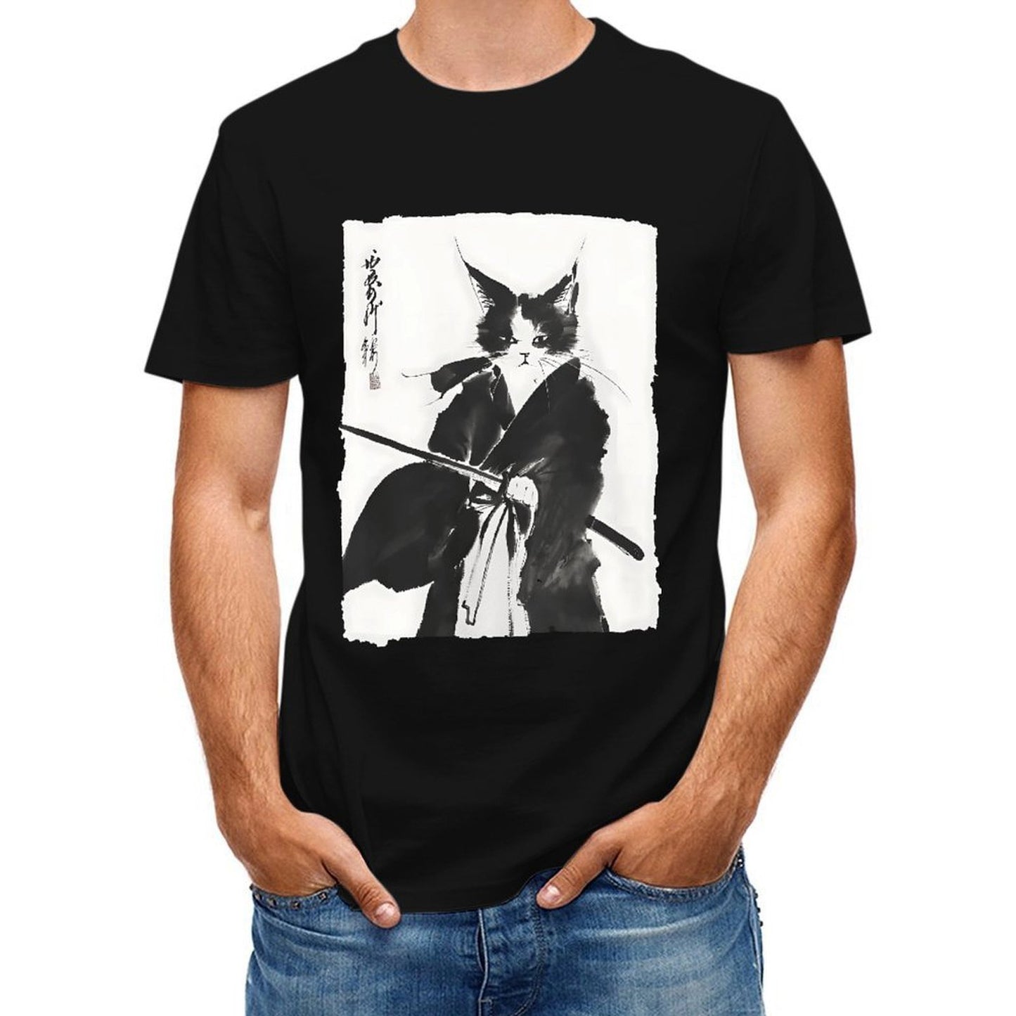 Inkmay Casual Cotton T-shirt Artistic Cat With Samurai Sword Design Unisex T-shirtClassicStyle Vibrant Colors T-Shirt