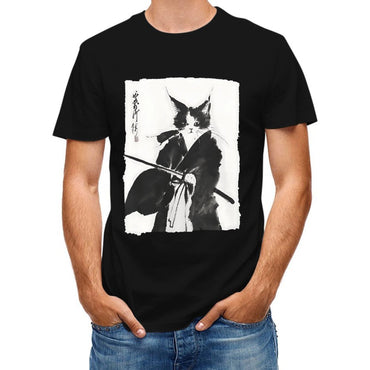 Inkmay Casual Cotton T-shirt Artistic Cat With Samurai Sword Design Unisex T-shirtClassicStyle Vibrant Colors T-Shirt