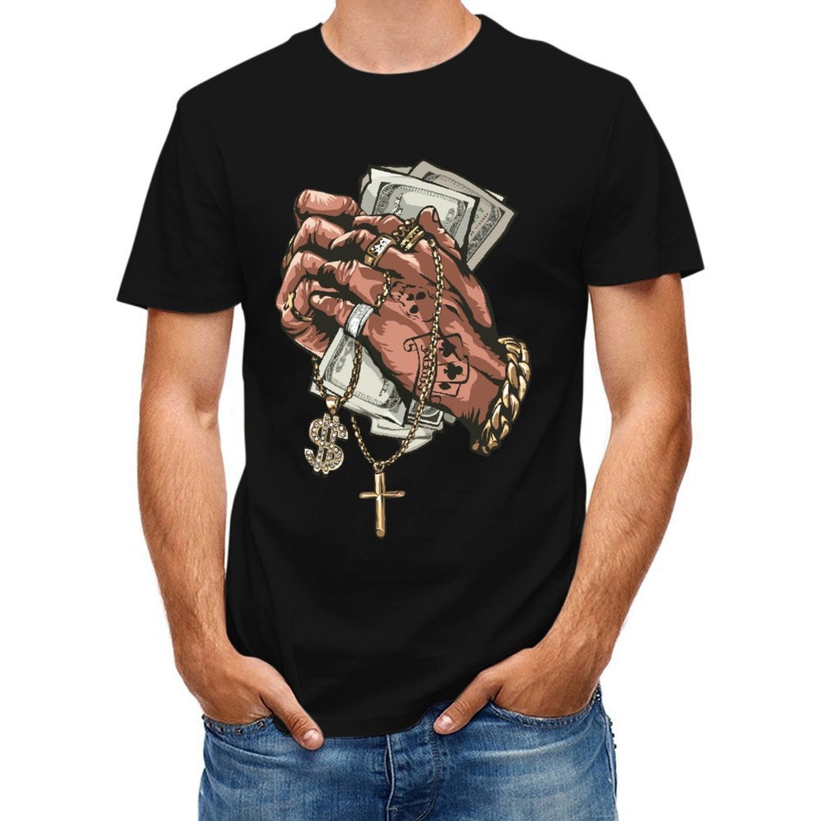Inkmay Casual Cotton T-shirt Luxury Hands Holding Money And Jewelry Unisex T-shirtPremium Bold T-Shirt
