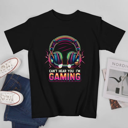 Inkmay Casual  Cotton T-shirt Gaming Headphones Neon Colors Bright Design Unisex T-shirtMoisture-Wicking Natural T-Shirt