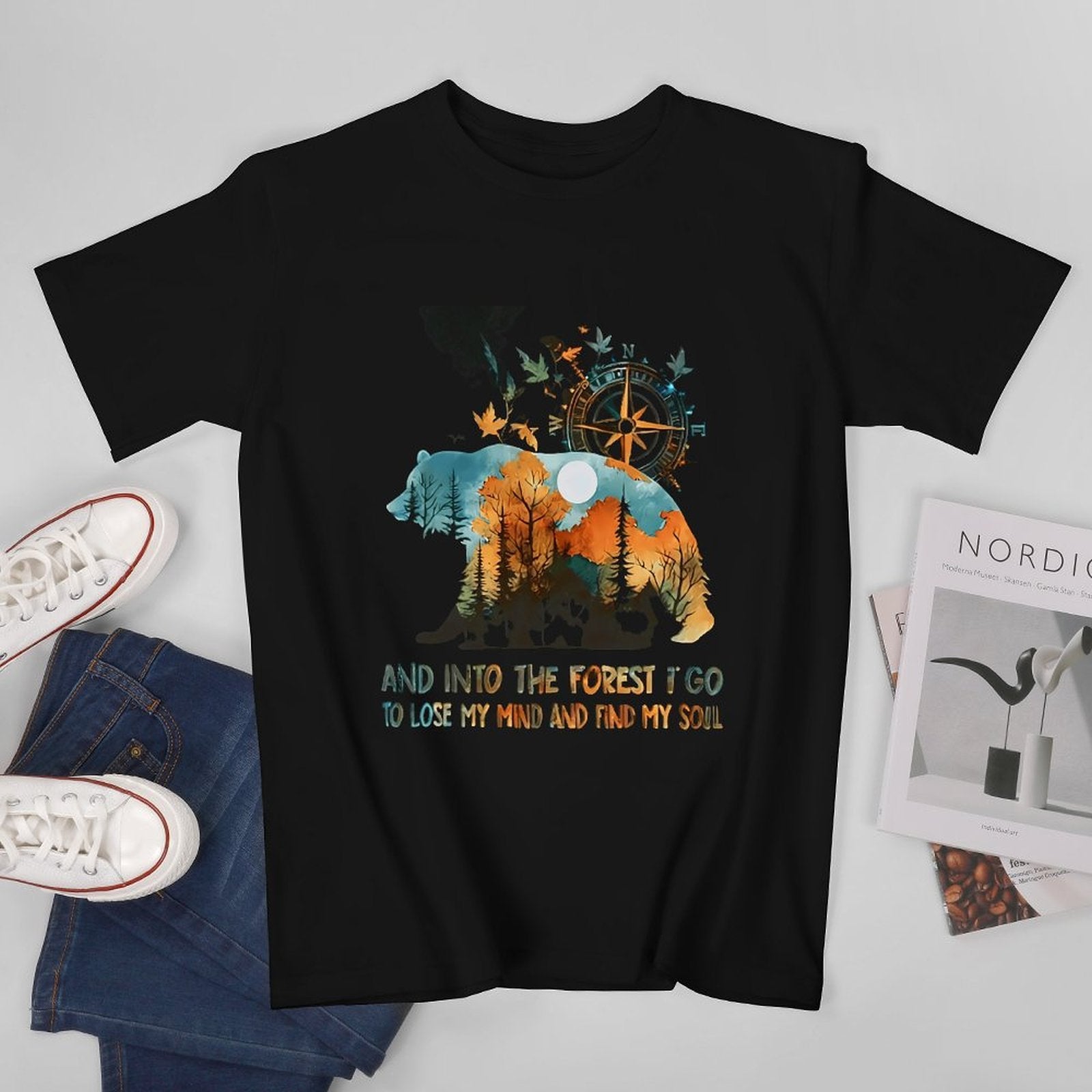 Inkmay Casual  Cotton T-shirt Bear Forest Compass Nature Artwork Design Unisex T-shirtTimelessStyle Long Lasting T-Shirt