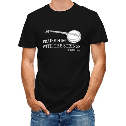 Inkmay Casual  Cotton T-shirt Banjo With Musical Notes Pattern Unisex T-shirtLightweight Basic T-Shirt