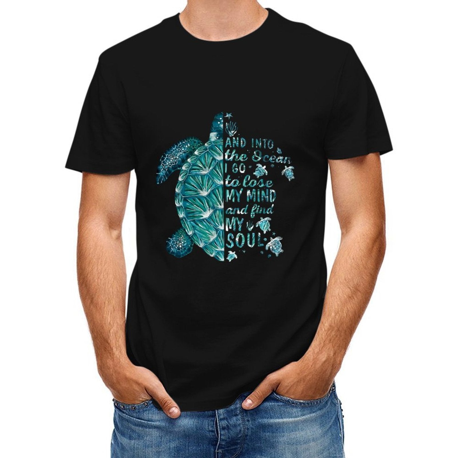 Inkmay Casual Cotton T-shirt Blue Turtle With Glass Beads Unisex T-shirtCrewneck Modern T-Shirt