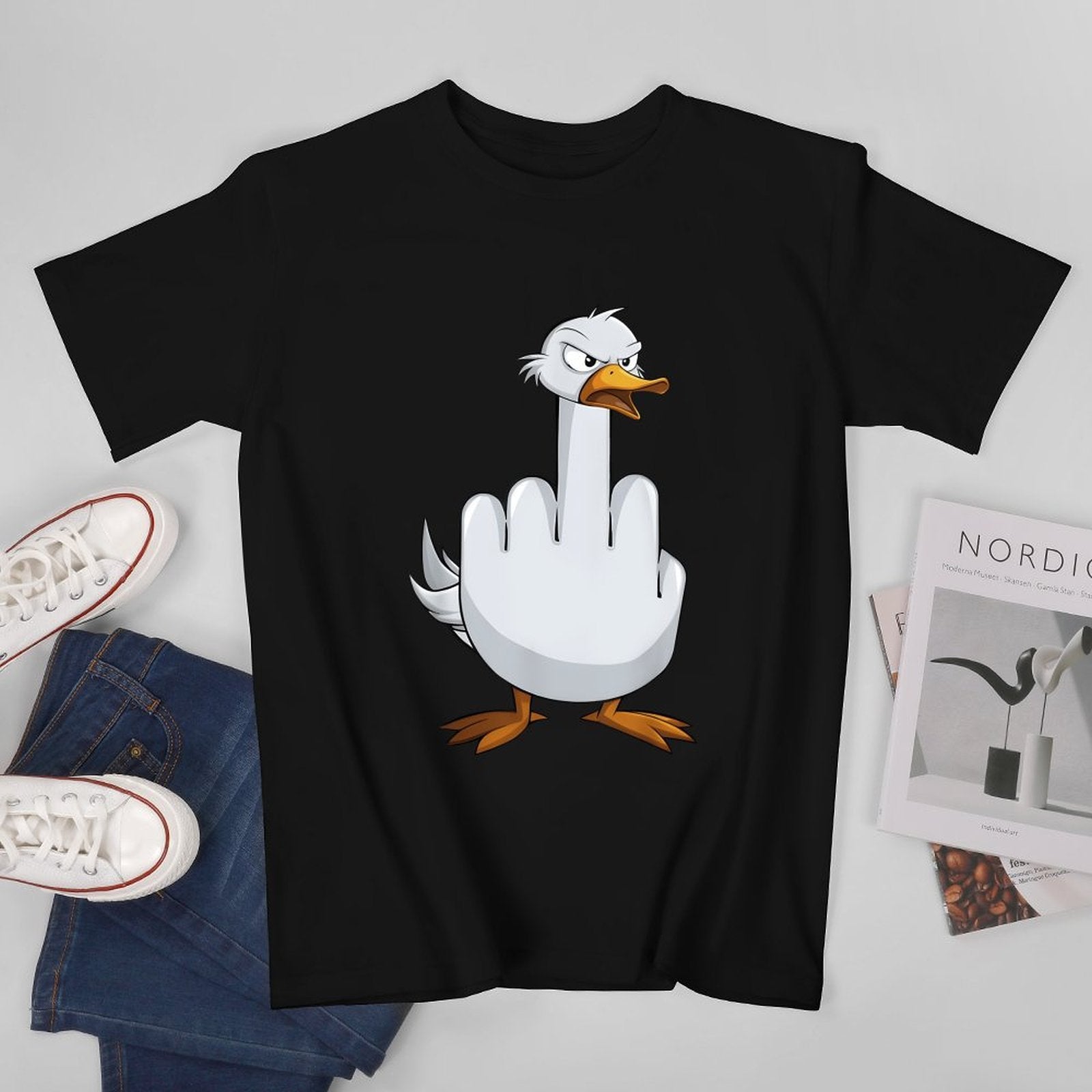 Inkmay Casual  Cotton T-shirt Angry Duck Showing Middle Finger Gesture Unisex T-shirtTimeless TimelessComfort T-Shirt