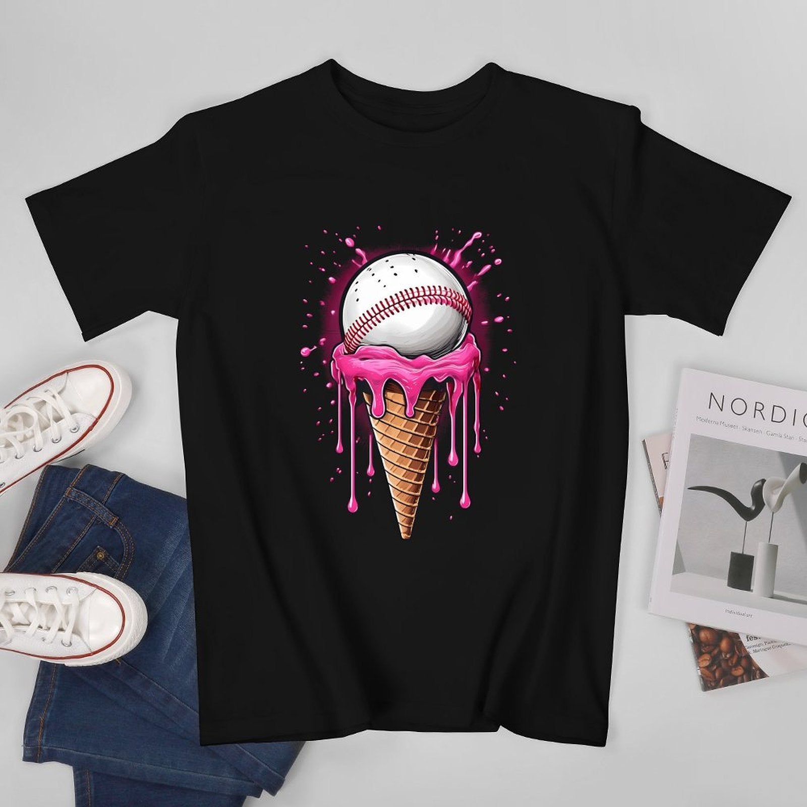 Inkmay Casual  Cotton T-shirt Baseball On Ice Cream Cone Art Unisex T-shirtLogo-Ready Vibrant Colors T-Shirt