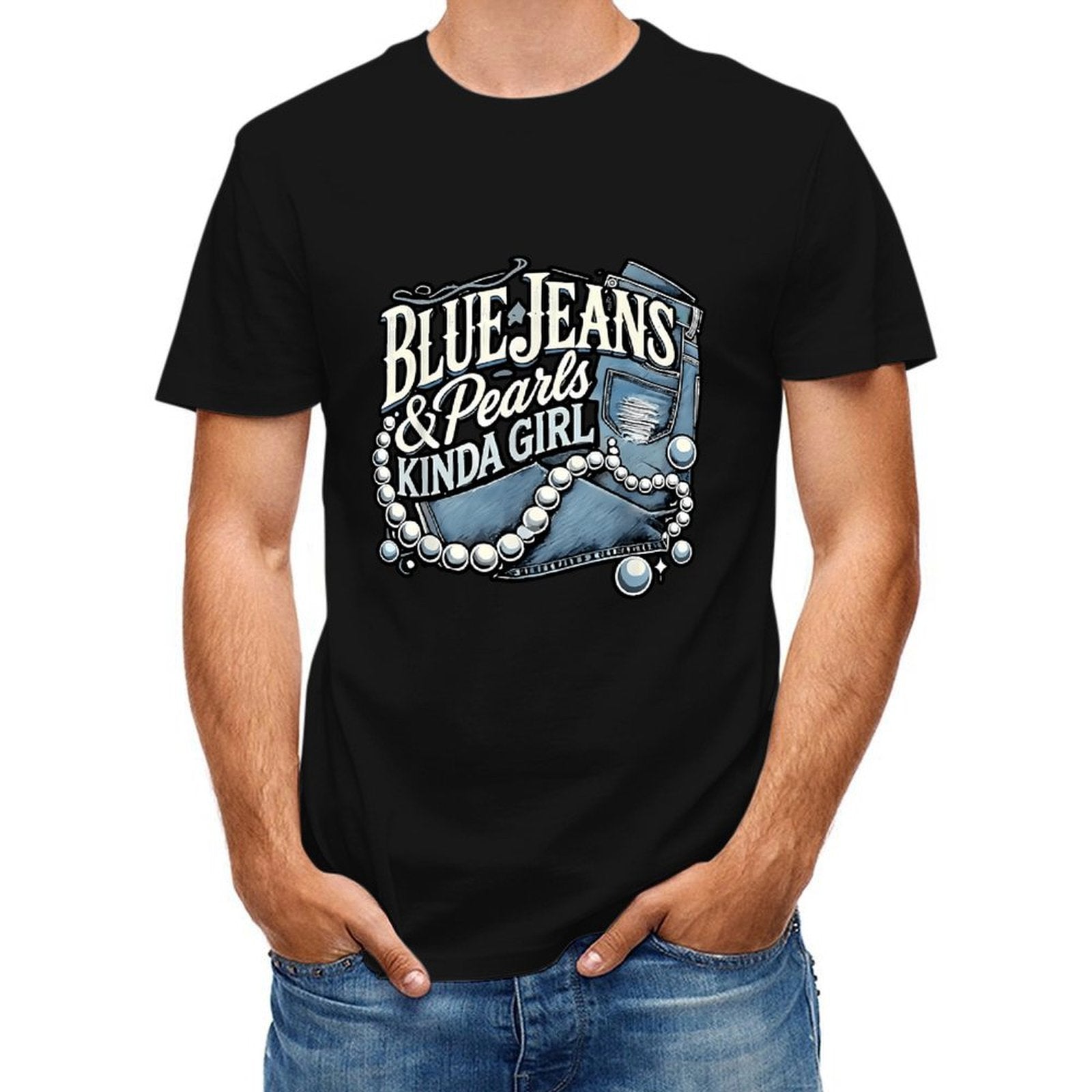 Inkmay Casual  Cotton T-shirt Blue Jeans And Pearls Kinda Unisex T-shirtLong Lasting Minimal T-Shirt
