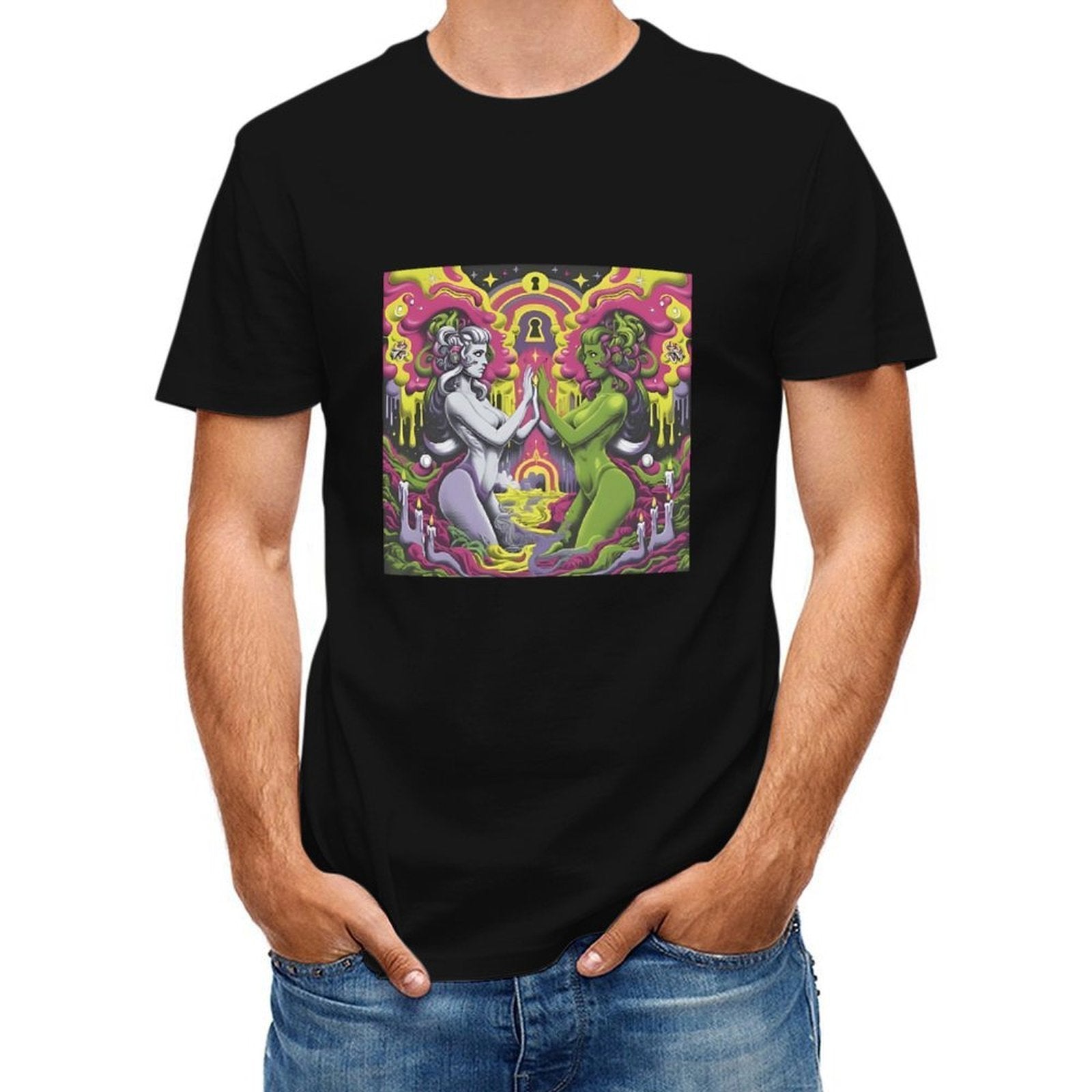 Inkmay Casual  Cotton T-shirt Psychedelic Art With Two Figures Unisex T-shirtLightweight Made-to-Order T-Shirt