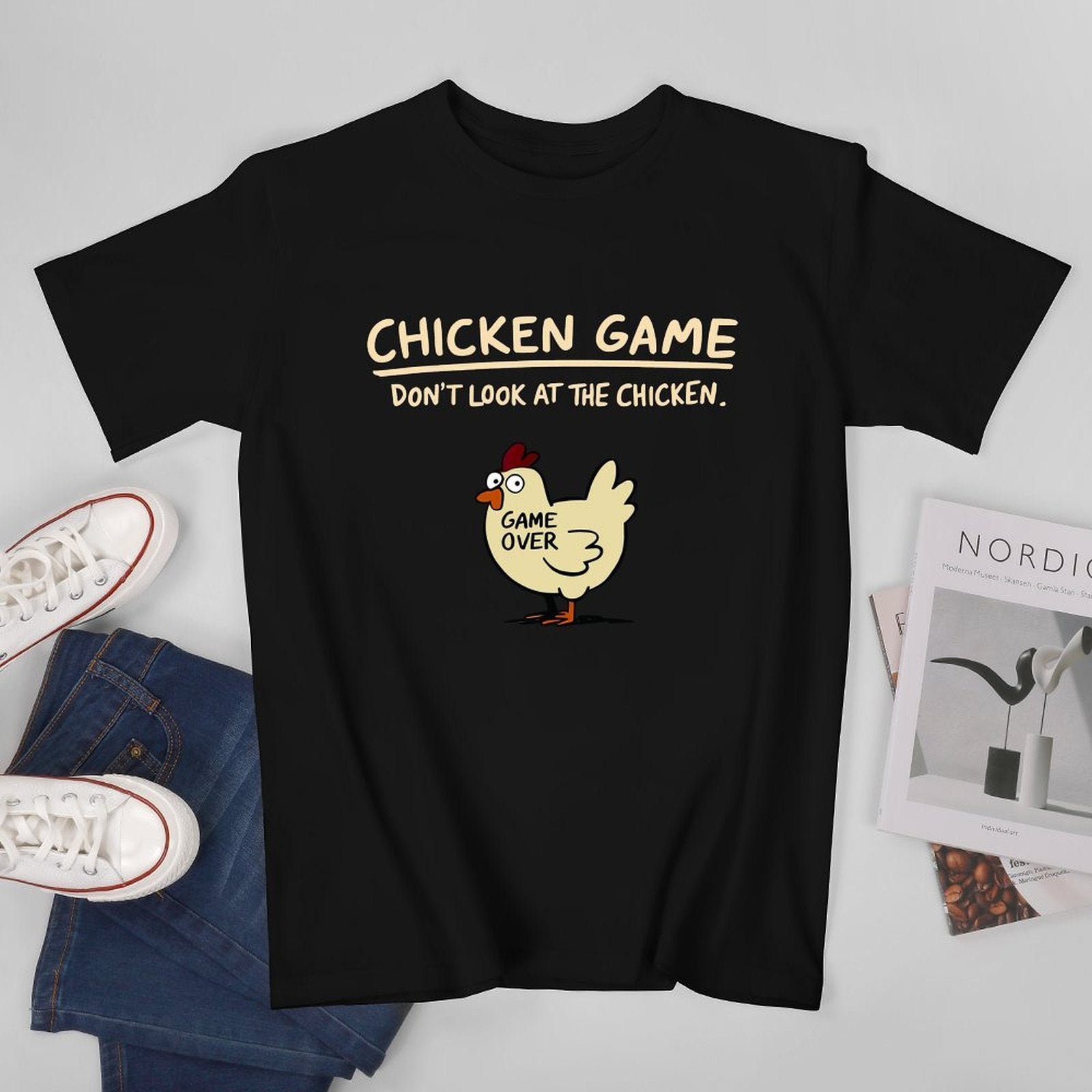 Inkmay Casual  Cotton T-shirt Chicken Game Over On Black Background Unisex T-shirtUrban Signature T-Shirt