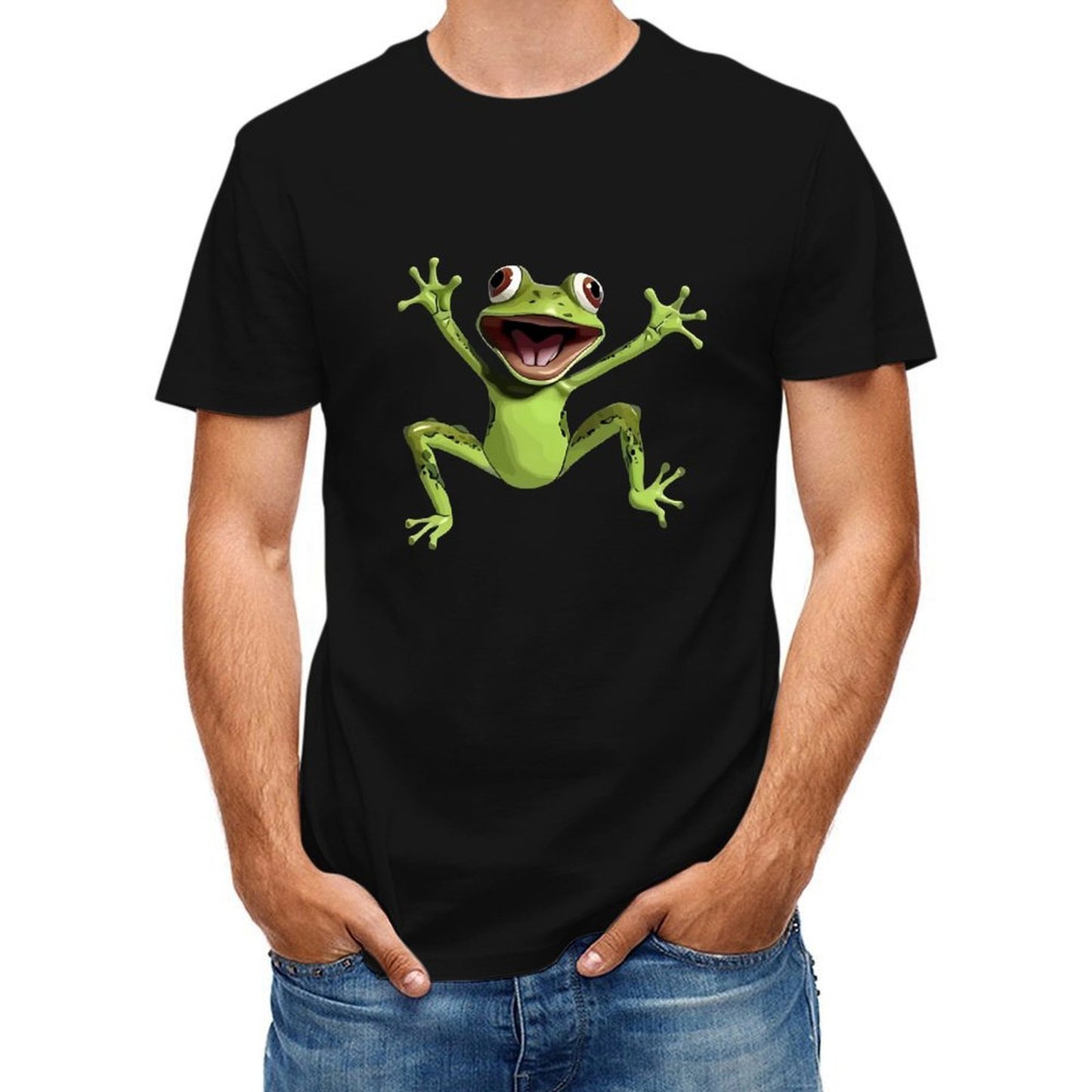 Inkmay Casual Cotton T-shirt Happy Green Frog With Big Eyes Unisex T-shirt
