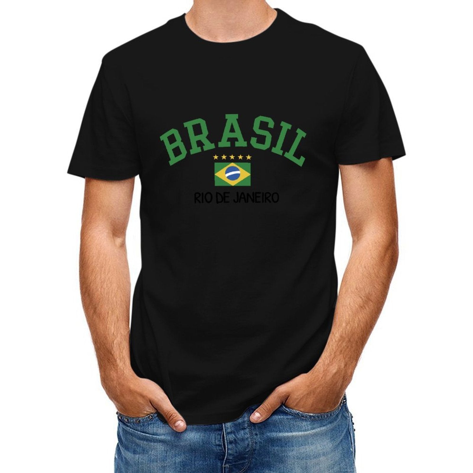 Inkmay Casual  Cotton T-shirt Brazilian Flag On Green Background Shirt Unisex T-shirtRegularFit Series T-Shirt
