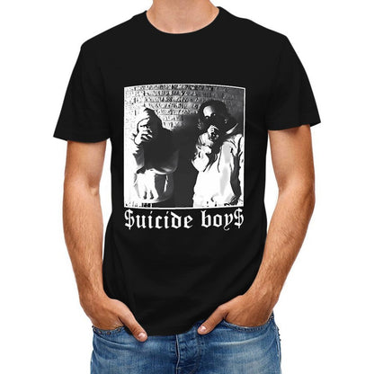 Inkmay Casual Cotton T-shirt Two Figures Against Brick Wall Background Unisex T-shirtSoftLine Relaxed Fit T-Shirt