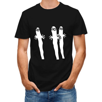 Inkmay Casual Cotton T-shirt Three Cartoon Characters With Hands Raised Unisex T-shirtSleek Outdoor T-Shirt
