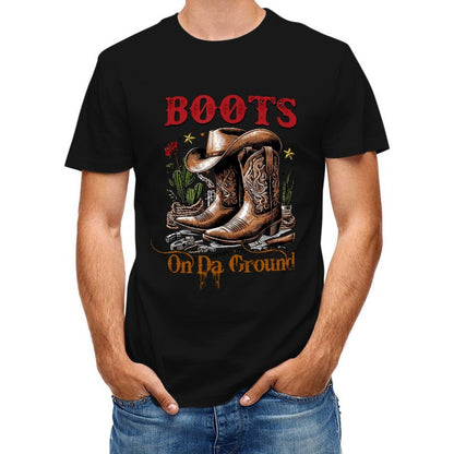 Inkmay Casual  Cotton T-shirt Brown Cowboy Boots With Floral Design Unisex T-shirtVibrant Colors Reliable T-Shirt