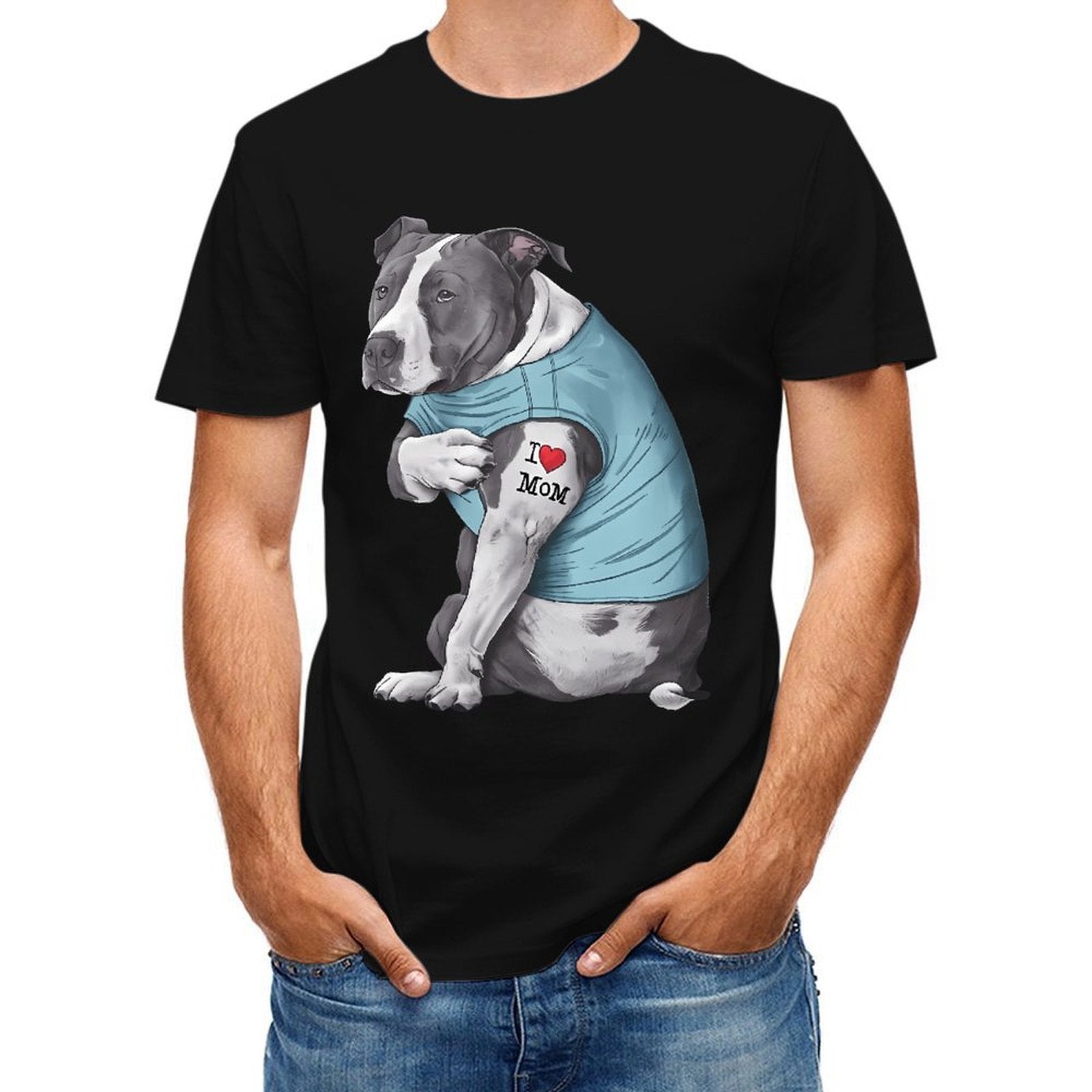 Inkmay Casual  Cotton T-shirt Dog Wears Blue Shirt Tattoo Mom Unisex T-shirtEveryday ClassicStyle T-Shirt