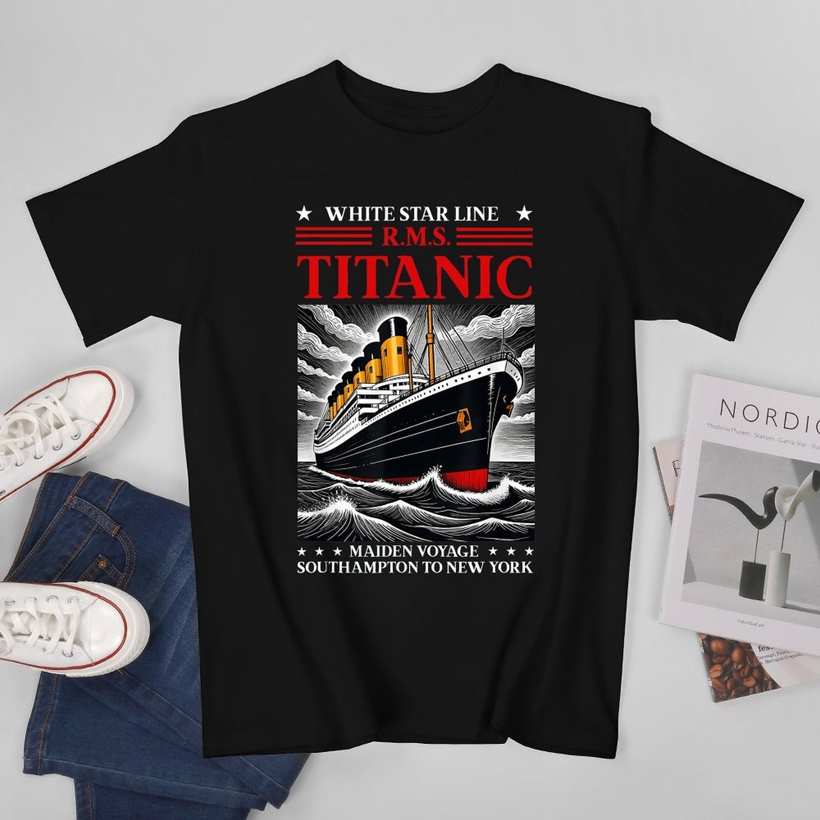 Inkmay Casual  Cotton T-shirt Titanic Ocean Liner Art Print Unisex T-shirtRetro SimpleFit T-Shirt