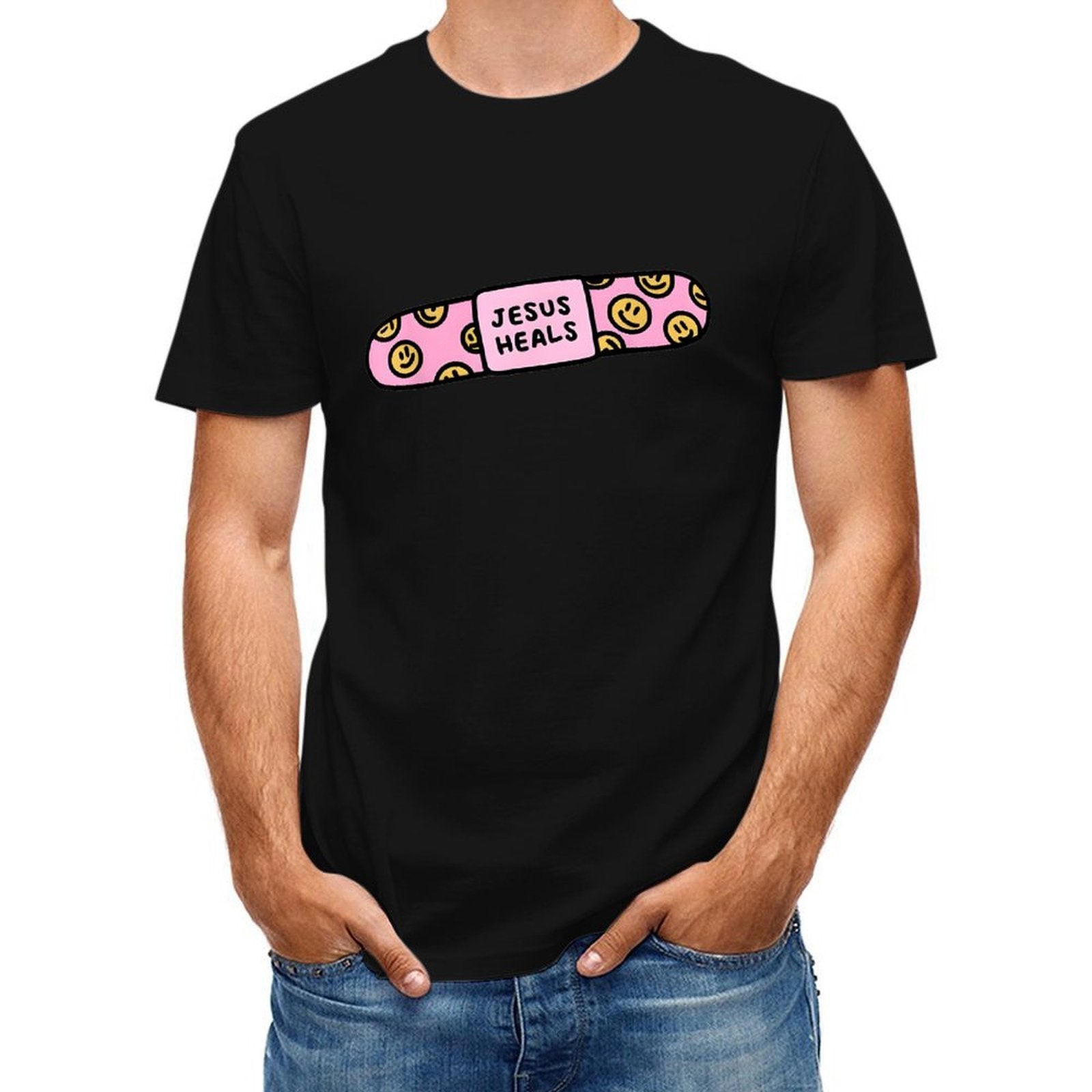 Inkmay Casual Cotton T-shirt Pink Pill With Smiley Faces Pattern Unisex T-shirtMoisture-Wicking LifestyleLine T-Shirt