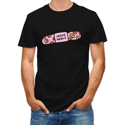 Inkmay Casual Cotton T-shirt Pink Pill With Smiley Faces Pattern Unisex T-shirtMoisture-Wicking LifestyleLine T-Shirt