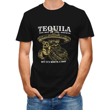 Inkmay Casual Cotton T-shirt Man Wearing Sombrero Holding Pistol Artwork Unisex T-shirtEverydaySeries ComfortFit T-Shirt