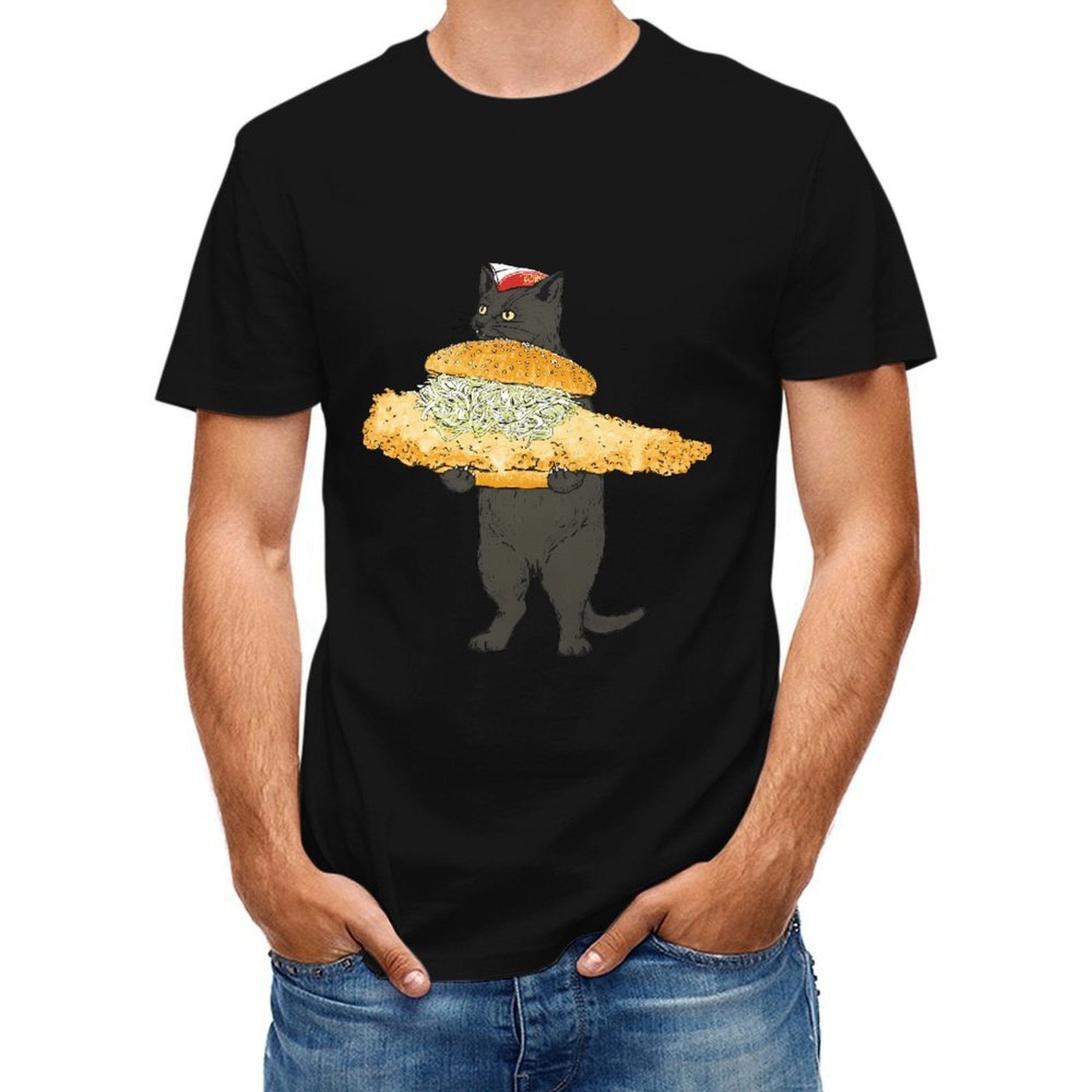 Inkmay Casual Cotton T-shirt Large Sandwich Held By Cat Illustration Unisex T-shirtCasual Crewneck T-Shirt