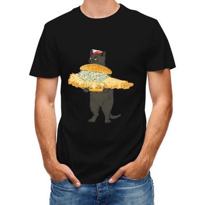 Inkmay Casual Cotton T-shirt Large Sandwich Held By Cat Illustration Unisex T-shirtCasual Crewneck T-Shirt