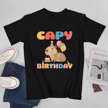 Inkmay Casual  Cotton T-shirt Capybara Birthday Party With Balloons Unisex T-shirtCrew Neck EasyWear T-Shirt