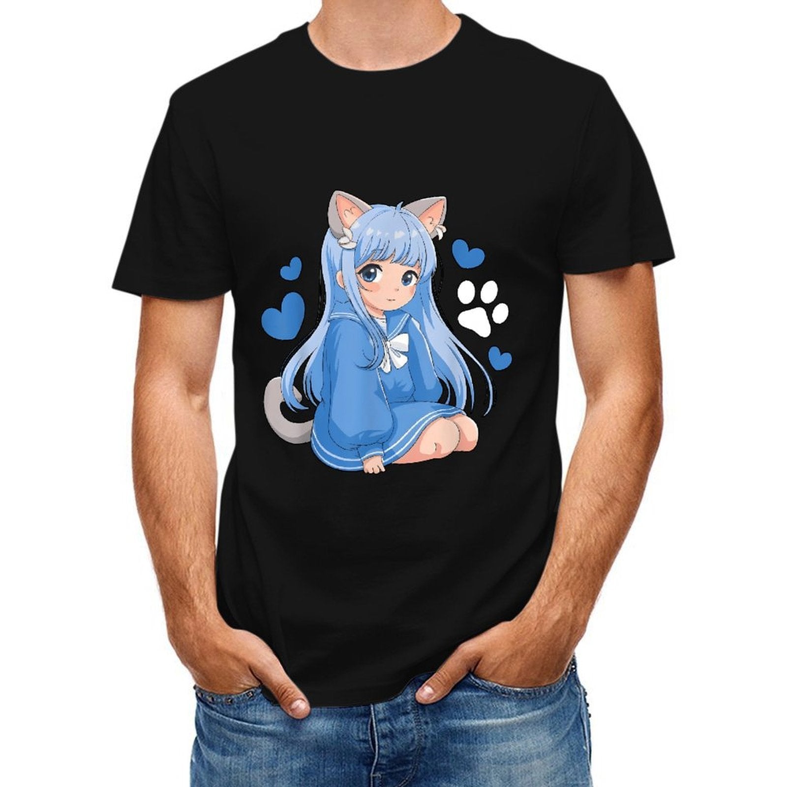 Inkmay Casual Cotton T-shirt Blue Cat Girl With Hearts Unisex T-shirtEdition EverydaySeries T-Shirt