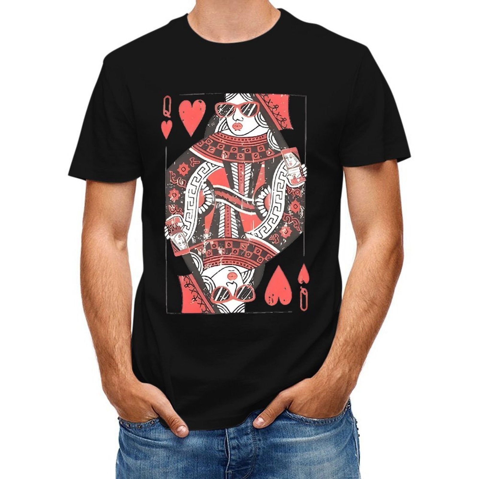 Inkmay Casual  Cotton T-shirt Queen Of Hearts Playing Card Design Unisex T-shirtTear-Resistant EasyWear T-Shirt