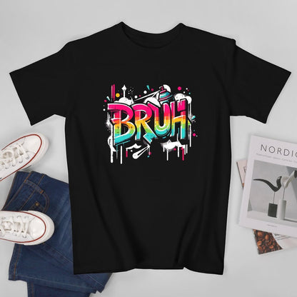 Inkmay Casual  Cotton T-shirt Colorful Graffiti Style Bruh Text Art Unisex T-shirtPrint-Ready Relaxed T-Shirt