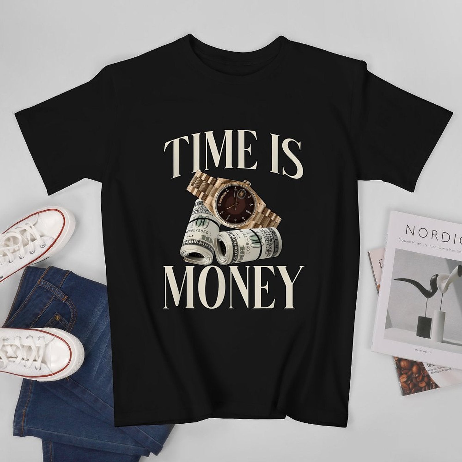 Inkmay Casual  Cotton T-shirt Time Is Money Watch And Dollars Unisex T-shirtRetro Original T-Shirt