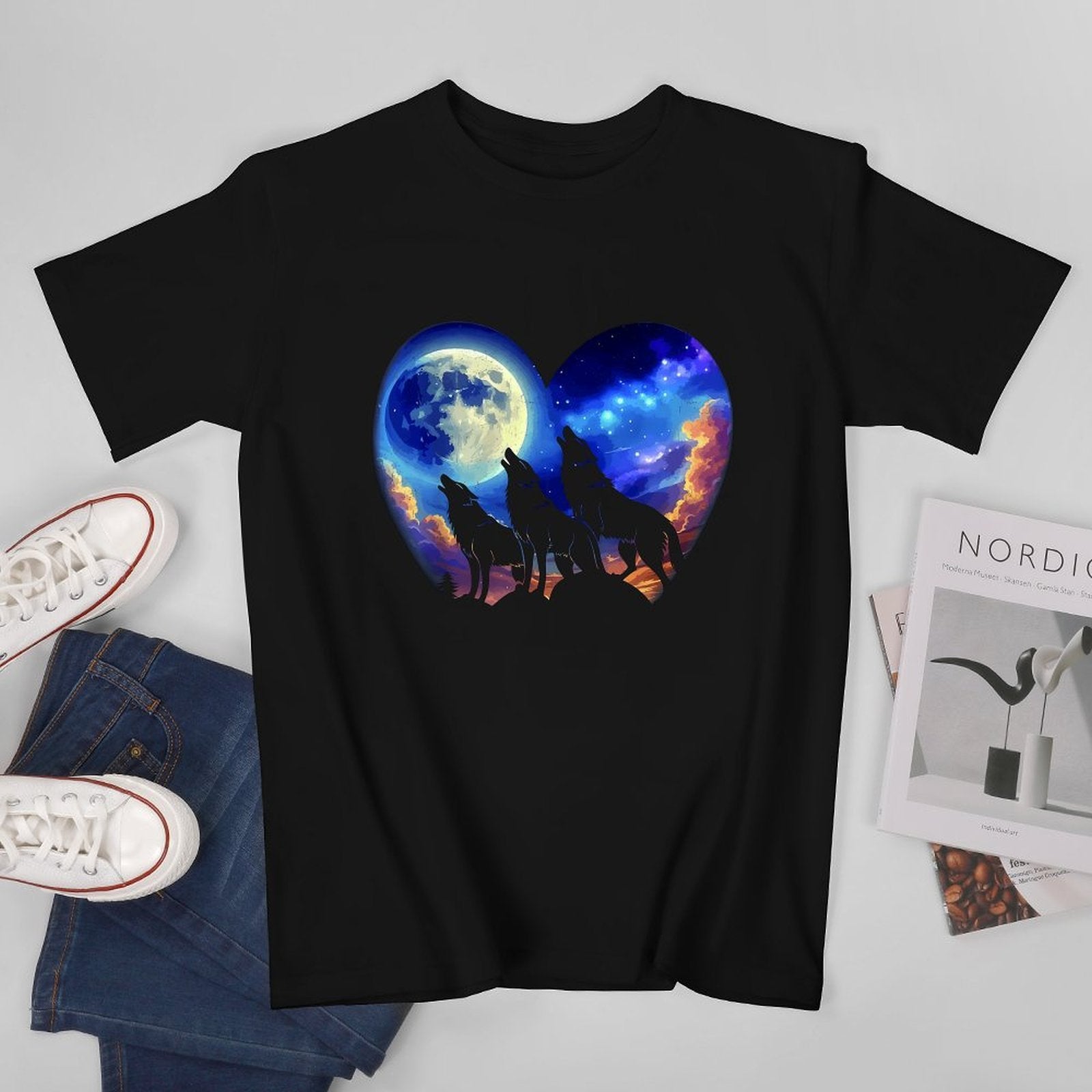 Inkmay Casual  Cotton T-shirt Wolves Howling Under Moonlit Night Sky Unisex T-shirtClassicSeries Fade-Proof T-Shirt