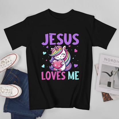 Inkmay Casual  Cotton T-shirt Jesus Loves Me Rainbow Unicorn Hearts Unisex T-shirt