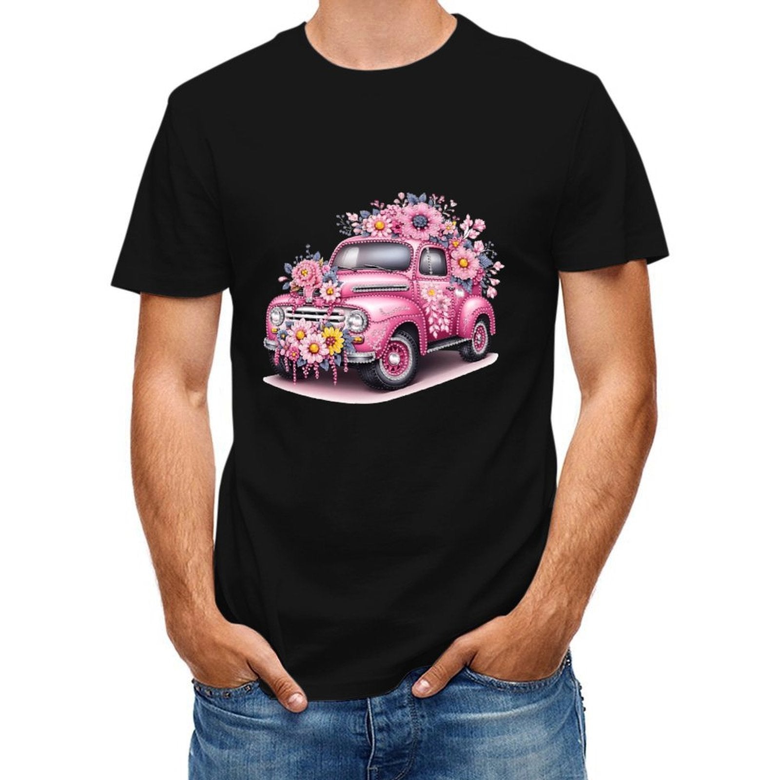 Inkmay Casual Cotton T-shirt Floral Decorated Pink Car Artwork Unisex T-shirtComfort Crisp Print T-Shirt