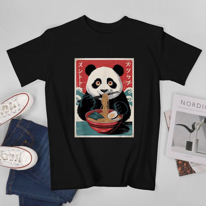 Inkmay Casual  Cotton T-shirt Panda Eating Noodles With Chopsticks Art Unisex T-shirt