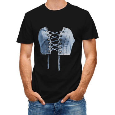Inkmay Casual Cotton T-shirt Denim Material With Lace Up Design Unisex T-shirtShrink-Resistant Fade-Proof T-Shirt